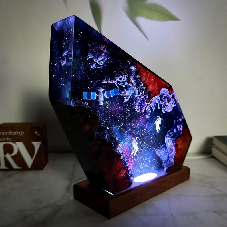 Custom Galaxy Night Light: Astronaut & Satellite Resin Wood Lamp, Interstellar Resin Lamp