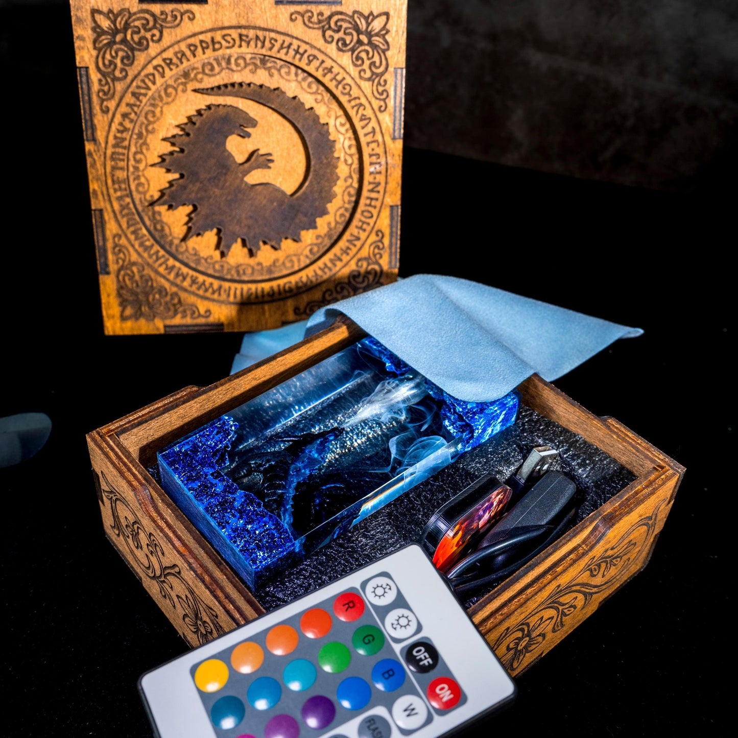 Handmade Beast Diorama Lamp – Epoxy Resin Night Light, godzilla resin lamp, godzilla gift wooden box