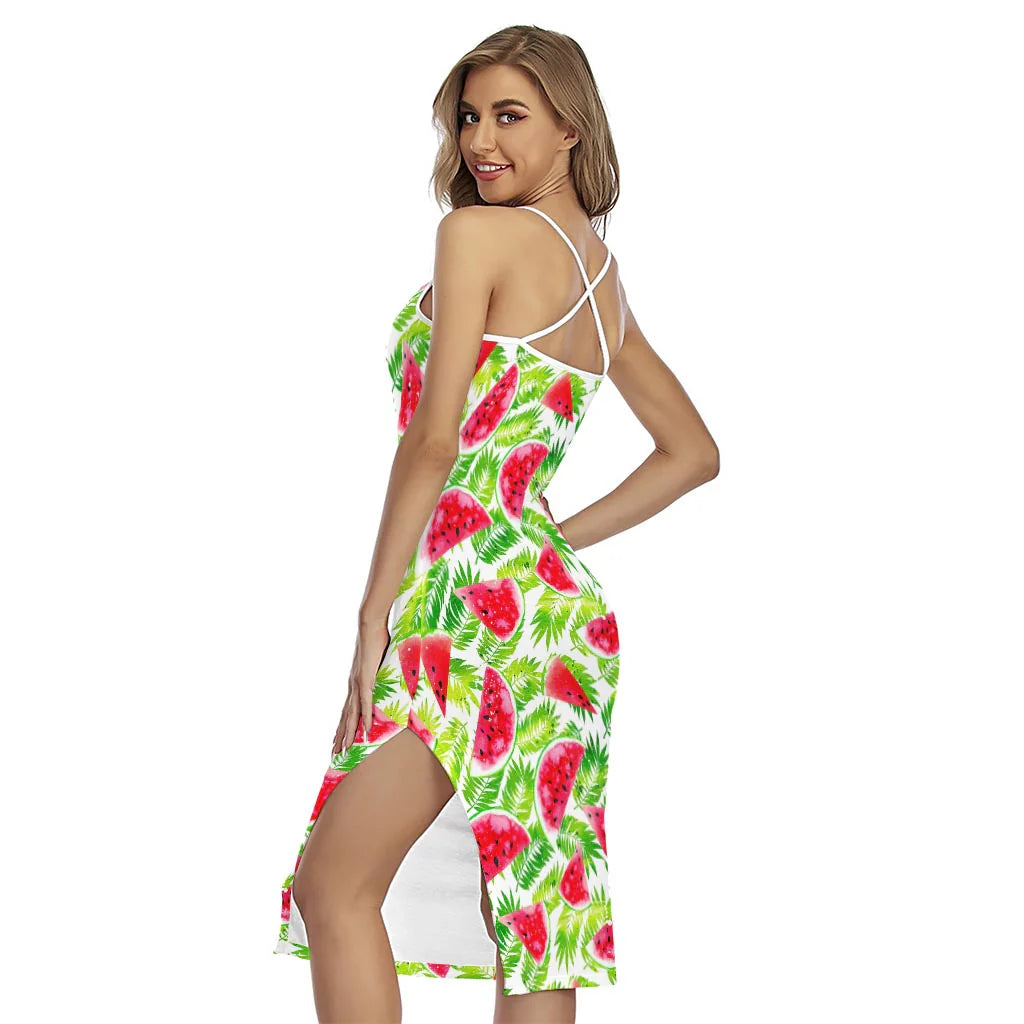 White Summer Watermelon Pattern Print Cross Back Cami Dress