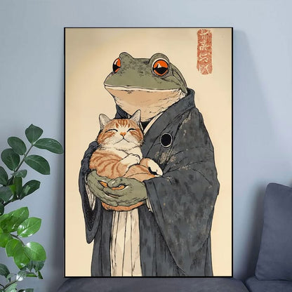Lucky Shop Frog Holding Cat Anime Art, Japanese Poster Full Size 24''x36''