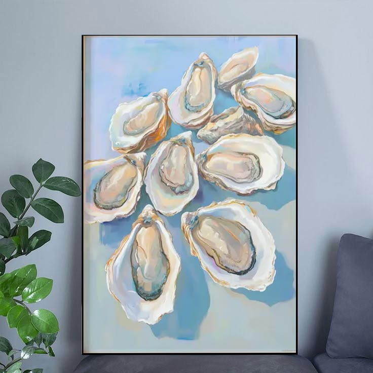 Blue Oyster Shell Poster, Abstract Coastal Beach House Art Poster Full Size 24''x36''