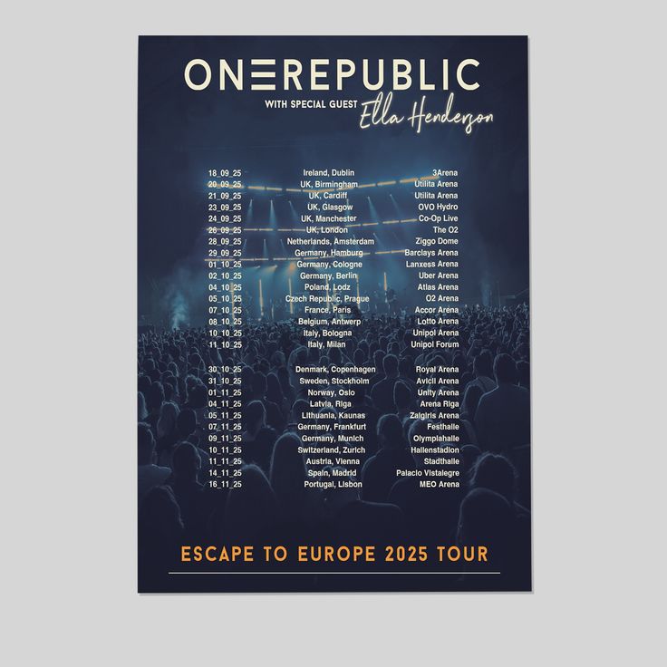 One Republic UK Ireland Europe Tour 2025 Print Poster Unframed Retro Style - Size 24''x36''
