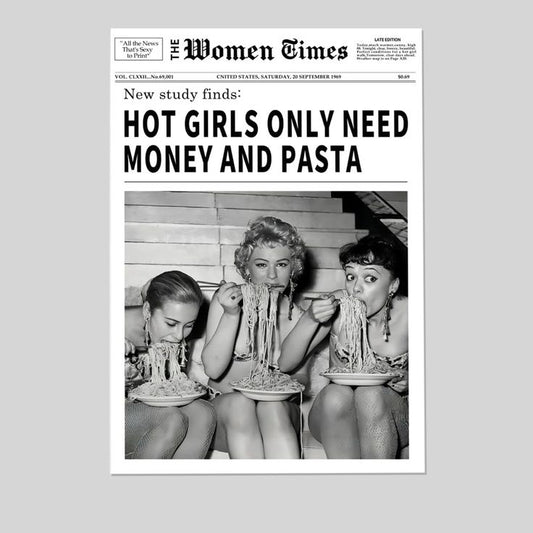 Vintage Women Times Black and White Newspaper Wall Art Funky Hot Girl Eating Pasta Canvas posters Prints Trendy College For Italian Kitchen Bar Size 24''x36''