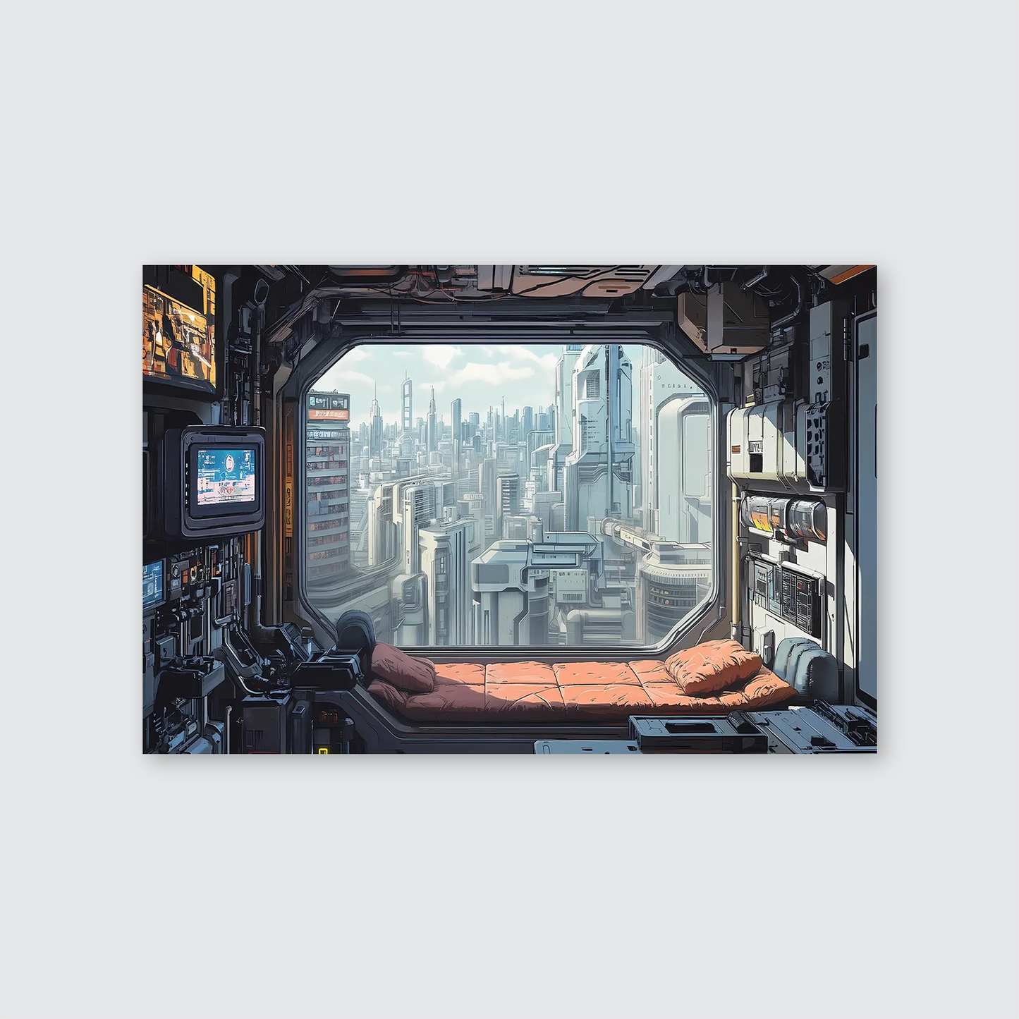 Cyberpunk Apartment Wall Art - Futuristic Cityscape Window View from High-Tech Interior