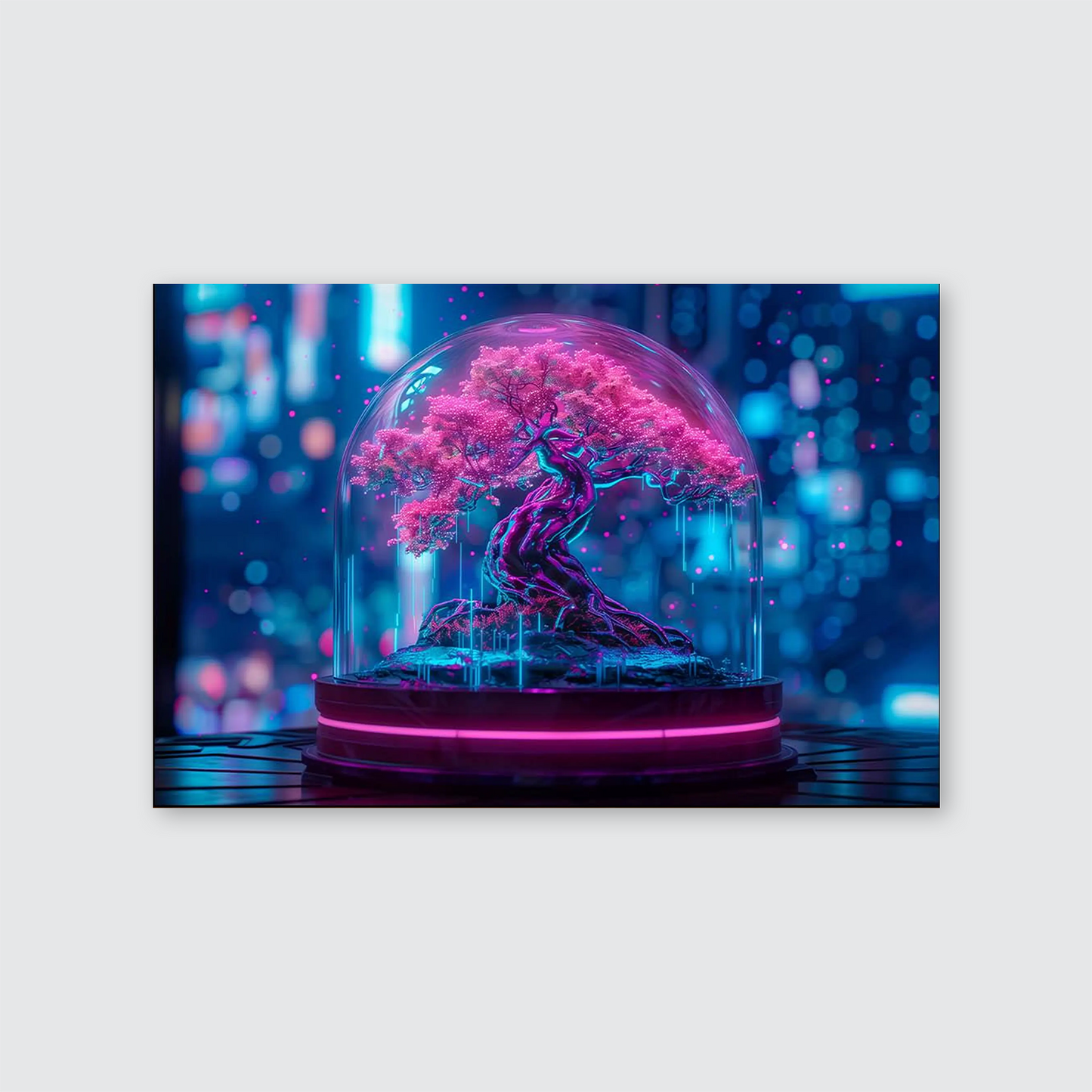 Neon Bonsai Tree Canvas Wall Art : Futuristic Nature Room Decor