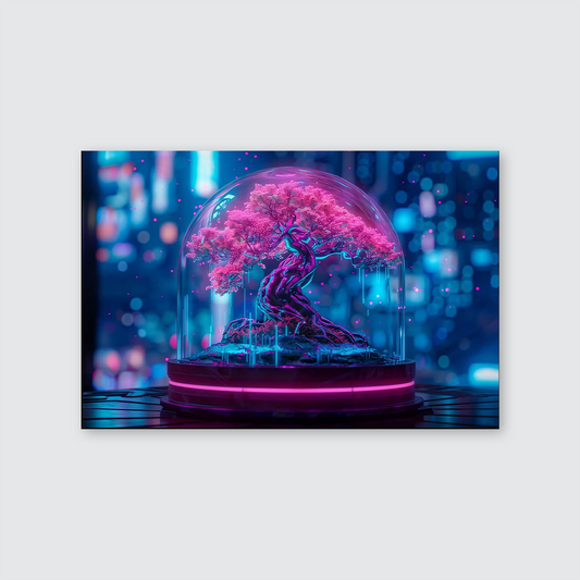 Neon Bonsai Tree Canvas Wall Art : Futuristic Nature Room Decor