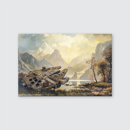 Millennium Falcon in a Swamp Wildflower Landscape Painting, Sci-fi Fan Wall Art