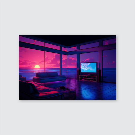 Neon Synthwave Ocean View Room Poster, Vaporwave Sunset Interior Canvas, Lofi Chill Wall Decor