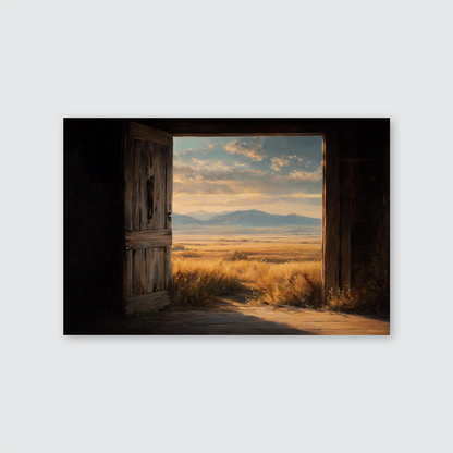 Montana Ranch Landscape Wall Art, Open Barn Door View of Golden Prairie and Mountains, Rustic Western Country Print for Farmhouse Decor