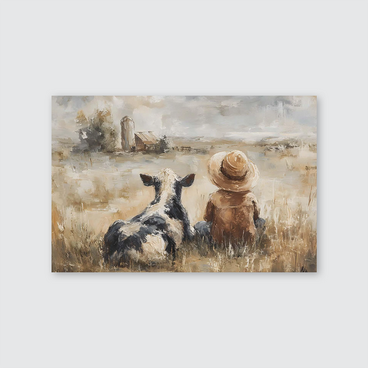 Rustic Farm Boy and Cow Wall Art, Country Barn Landscape Print, Vintage Style Farmhouse Poster