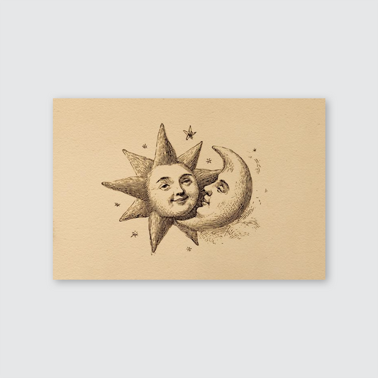 Vintage Sun and Moon Kiss Art Print, Romantic Celestial Lovers Illustration, Whimsical Night Sky Astrology Decor for Bedroom or Nursery Gift
