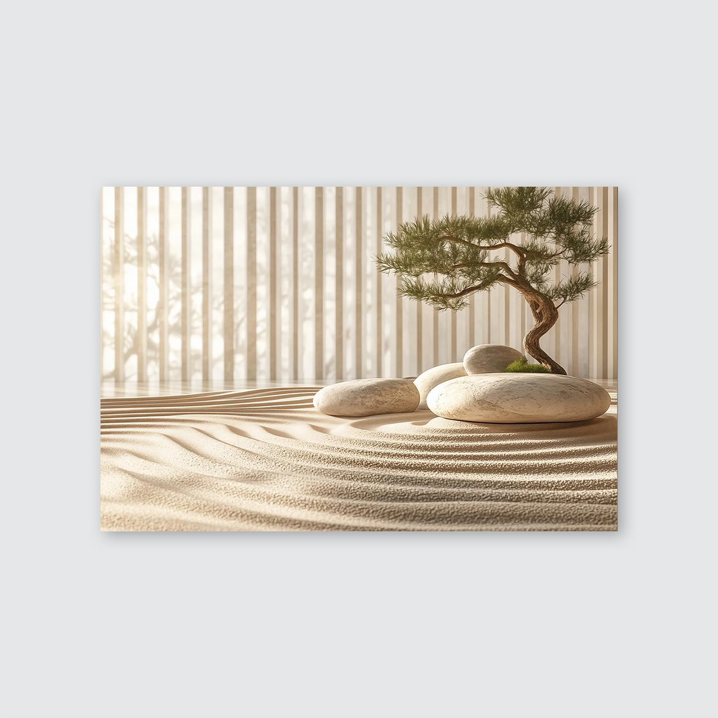 Zen Garden Serenity Poster – Japanese Minimalist Wall Art – Rock and Bonsai Tree Poster