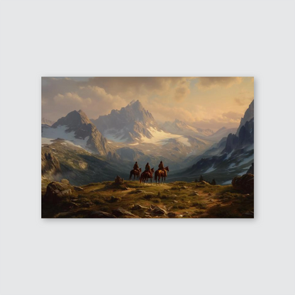 Western Mountain Landscape Art Print, Vintage Cowboys on Horseback, Rugged Wilderness Poster