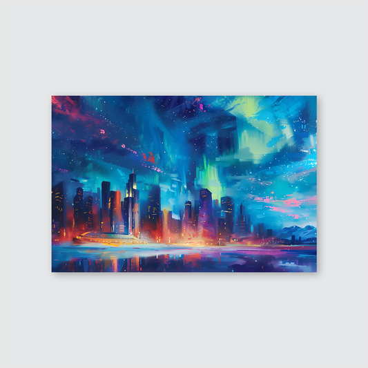 Futuristic Cityscape Digital Download – Cyberpunk Wall Art – Neon Aurora Borealis Print – Sci-Fi Landscape Poster – Night Sky Decor