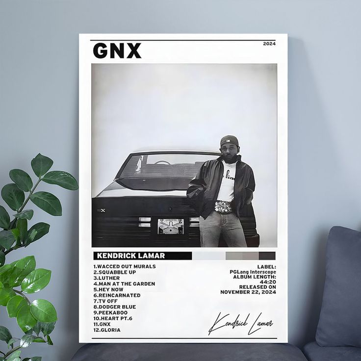 Kendrick Lamar Cover Canvas Wall Art, GNX Album Monochrome Hip-Hop Poster Size 24''x36''