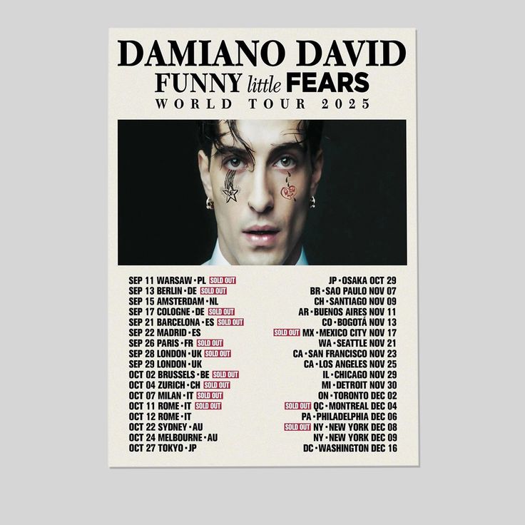 Damiano David Funny Little Fears World Tour 2025 Poster Size 24''x36''