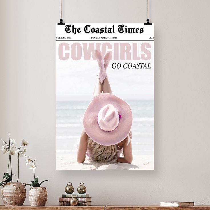 Retro Coastal Pink Cowgirl Newspaper Posters Country Western Cowboy Wild Art Preppy Girly Woman Basking Sun Outdoor Beach Seascape Prints For Home Bedroom Dorm Wall Decor Size 24''x36''