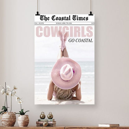 Retro Coastal Pink Cowgirl Newspaper Posters Country Western Cowboy Wild Art Preppy Girly Woman Basking Sun Outdoor Beach Seascape Prints For Home Bedroom Dorm Wall Decor Size 24''x36''