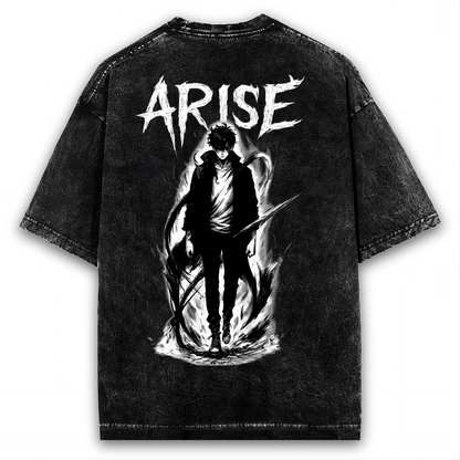 SOLO ARISE WASHED T-SHIRT, DARK SHADOW MONARCH LEVELING ANIME WASHED TEE