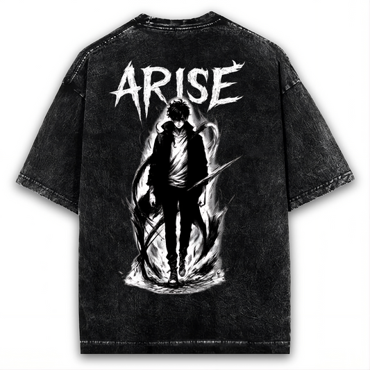 SOLO ARISE WASHED T-SHIRT, DARK SHADOW MONARCH LEVELING ANIME WASHED TEE