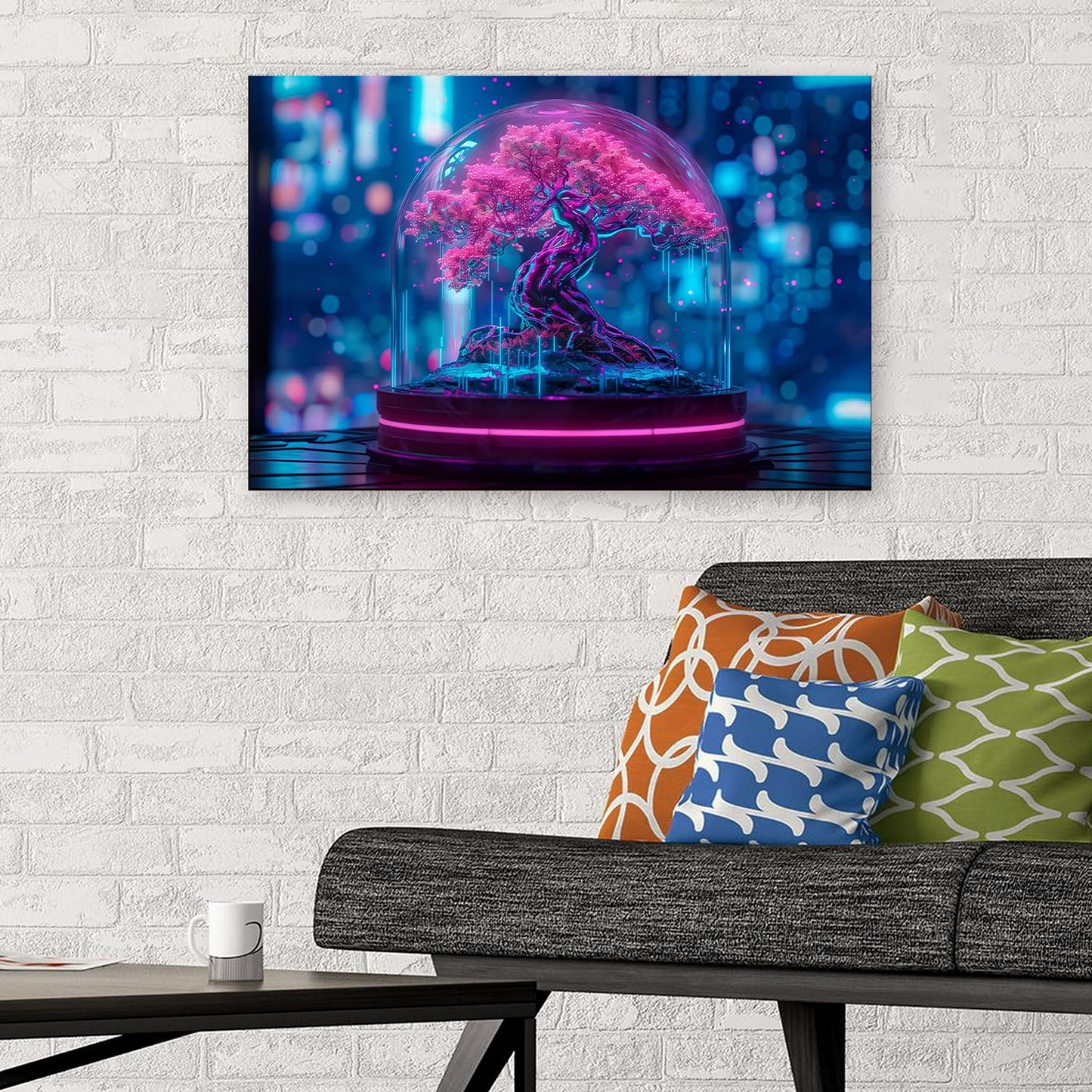 Neon Bonsai Tree Canvas Wall Art : Futuristic Nature Room Decor