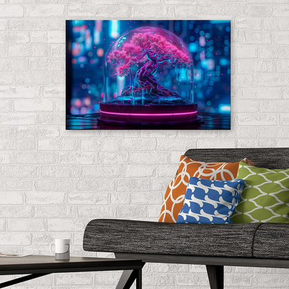 Neon Bonsai Tree Canvas Wall Art : Futuristic Nature Room Decor
