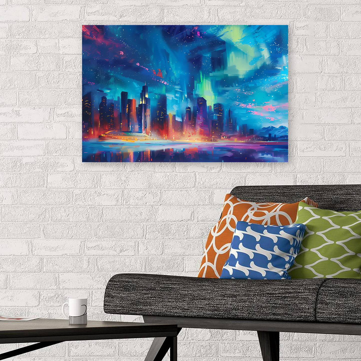 Futuristic Cityscape Digital Download – Cyberpunk Wall Art – Neon Aurora Borealis Print – Sci-Fi Landscape Poster – Night Sky Decor