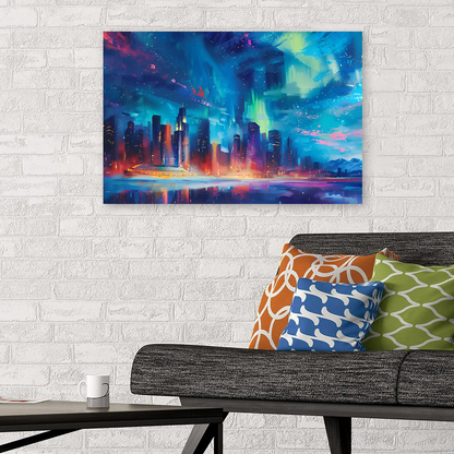 Futuristic Cityscape Digital Download – Cyberpunk Wall Art – Neon Aurora Borealis Print – Sci-Fi Landscape Poster – Night Sky Decor