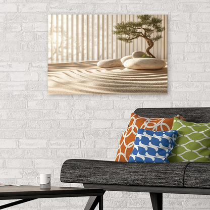 Zen Garden Serenity Poster – Japanese Minimalist Wall Art – Rock and Bonsai Tree Poster