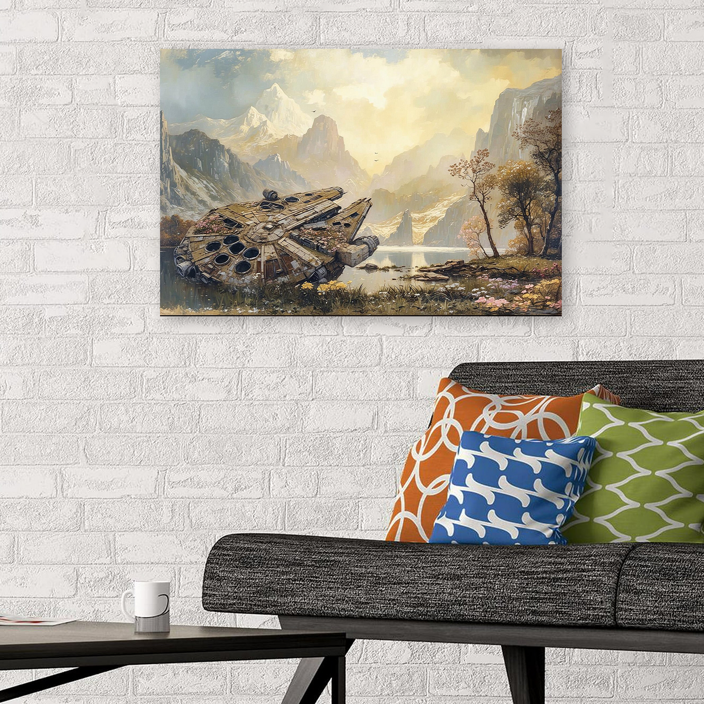 Millennium Falcon in a Swamp Wildflower Landscape Painting, Sci-fi Fan Wall Art