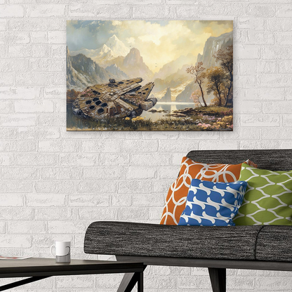 Millennium Falcon in a Swamp Wildflower Landscape Painting, Sci-fi Fan Wall Art