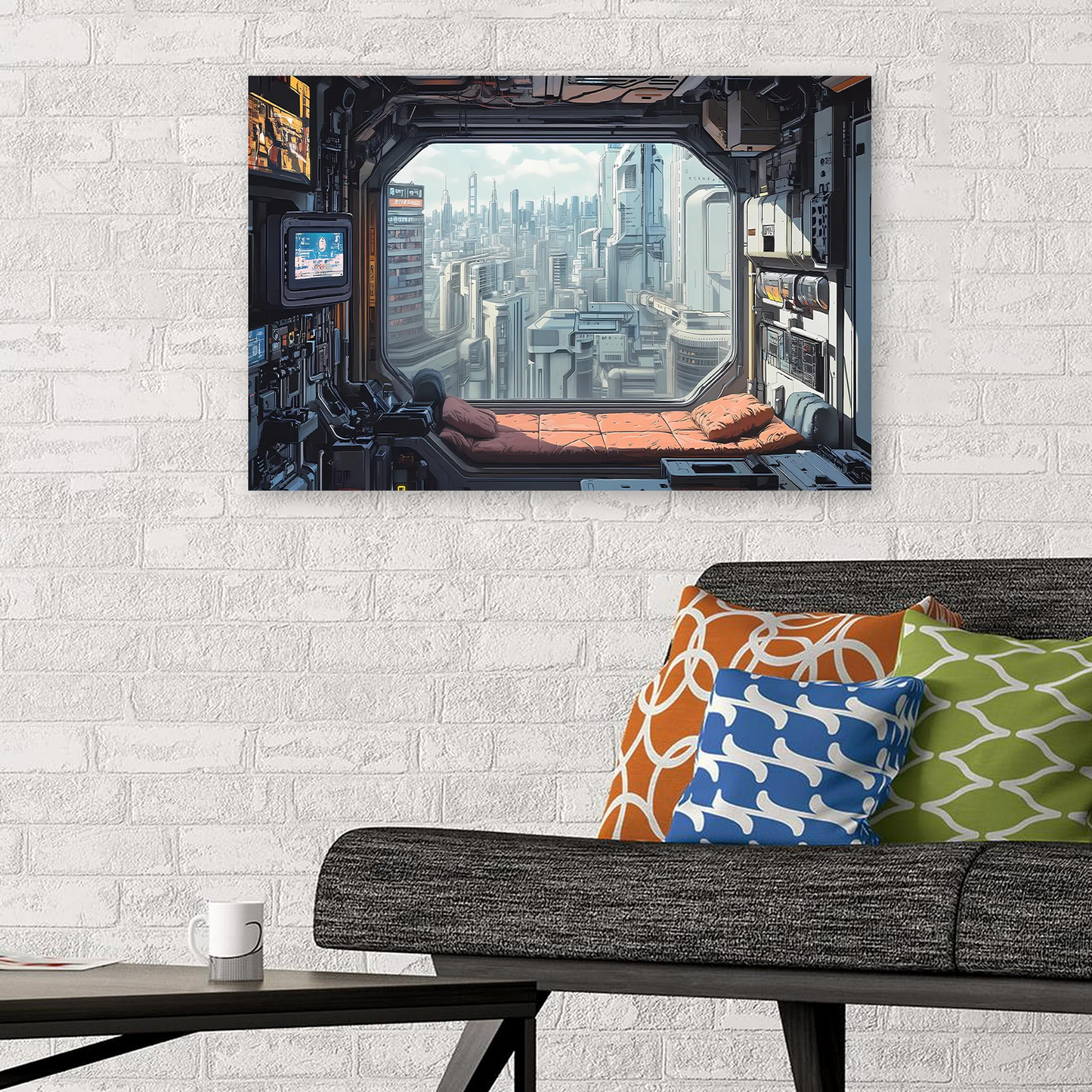 Cyberpunk Apartment Wall Art - Futuristic Cityscape Window View from High-Tech Interior