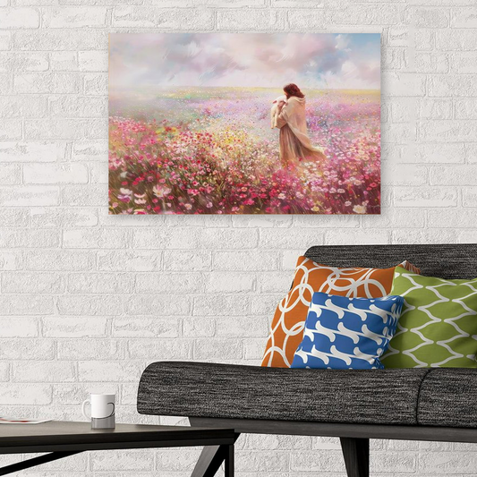 Jesus Embraces Lamb Canvas Wall Art, Pink The Lost Lamb Size 24''x36''