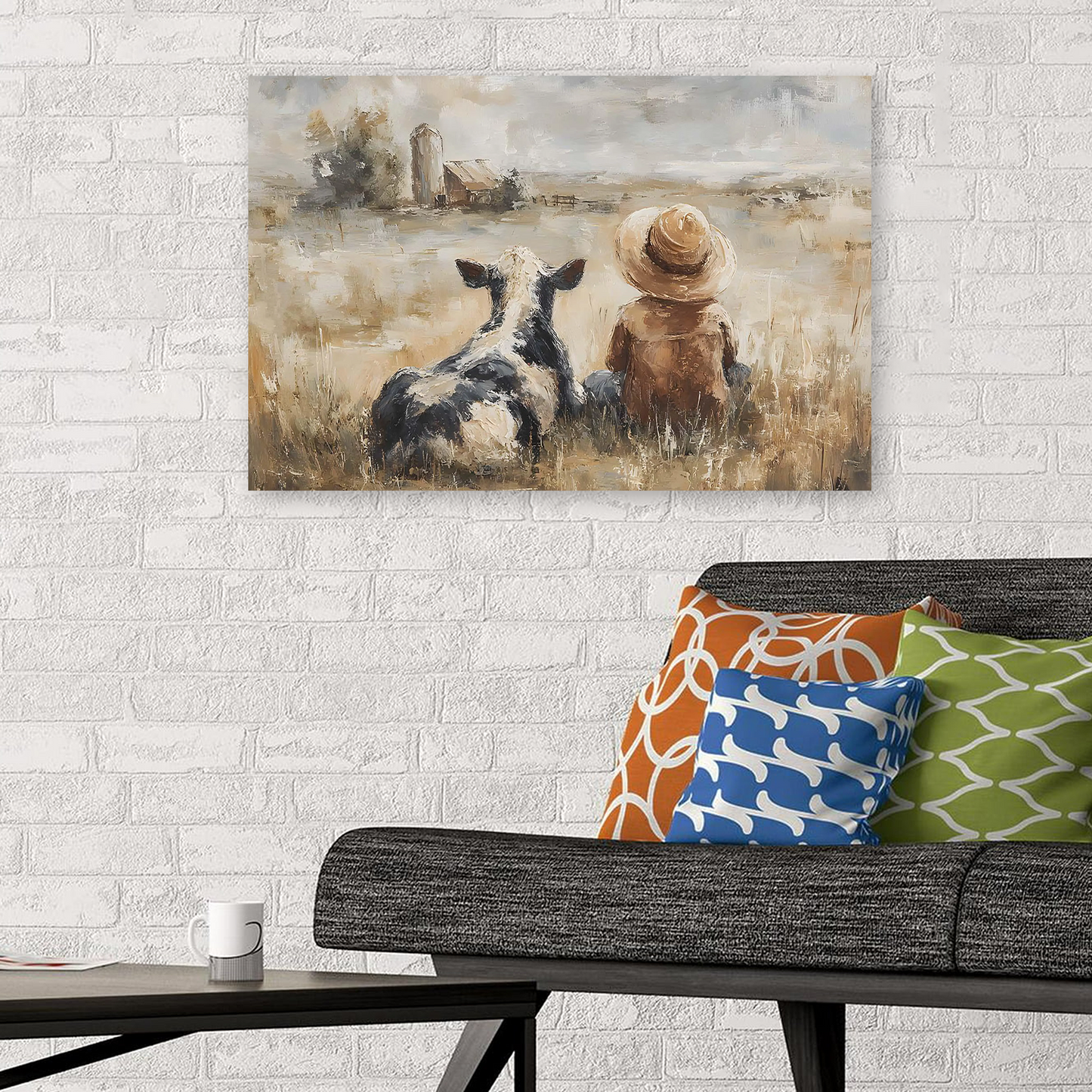 Rustic Farm Boy and Cow Wall Art, Country Barn Landscape Print, Vintage Style Farmhouse Poster