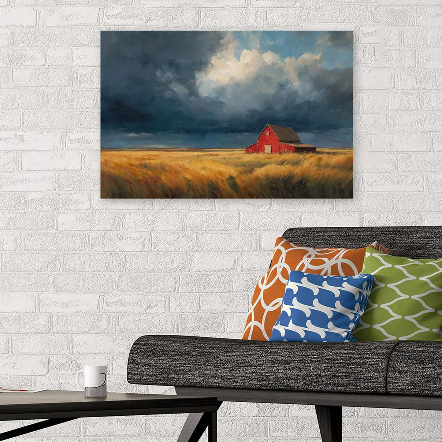 American Red Barn Landscape Wall Art, Rustic Midwest Countryside Poster for Farmhouse or Office Decor