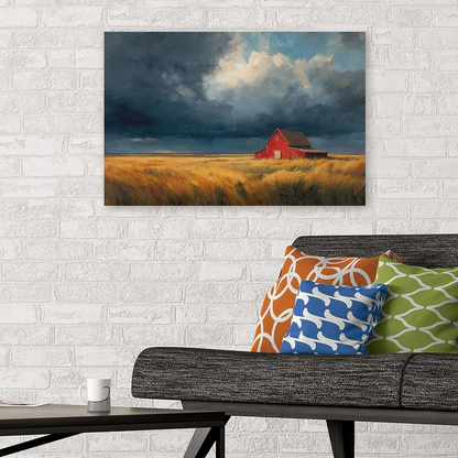 American Red Barn Landscape Wall Art, Rustic Midwest Countryside Poster for Farmhouse or Office Decor