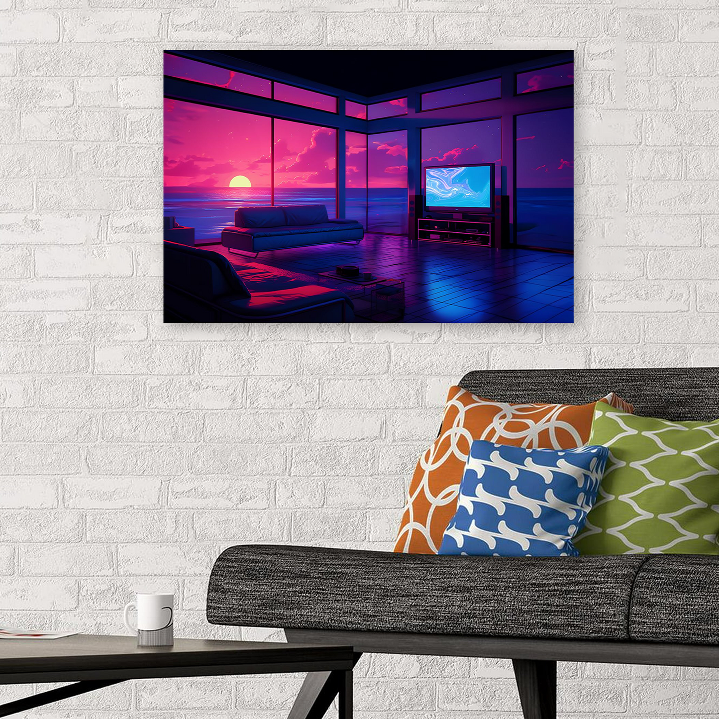 Neon Synthwave Ocean View Room Poster, Vaporwave Sunset Interior Canvas, Lofi Chill Wall Decor