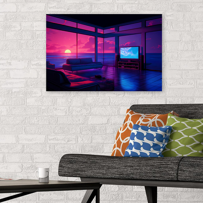 Neon Synthwave Ocean View Room Poster, Vaporwave Sunset Interior Canvas, Lofi Chill Wall Decor