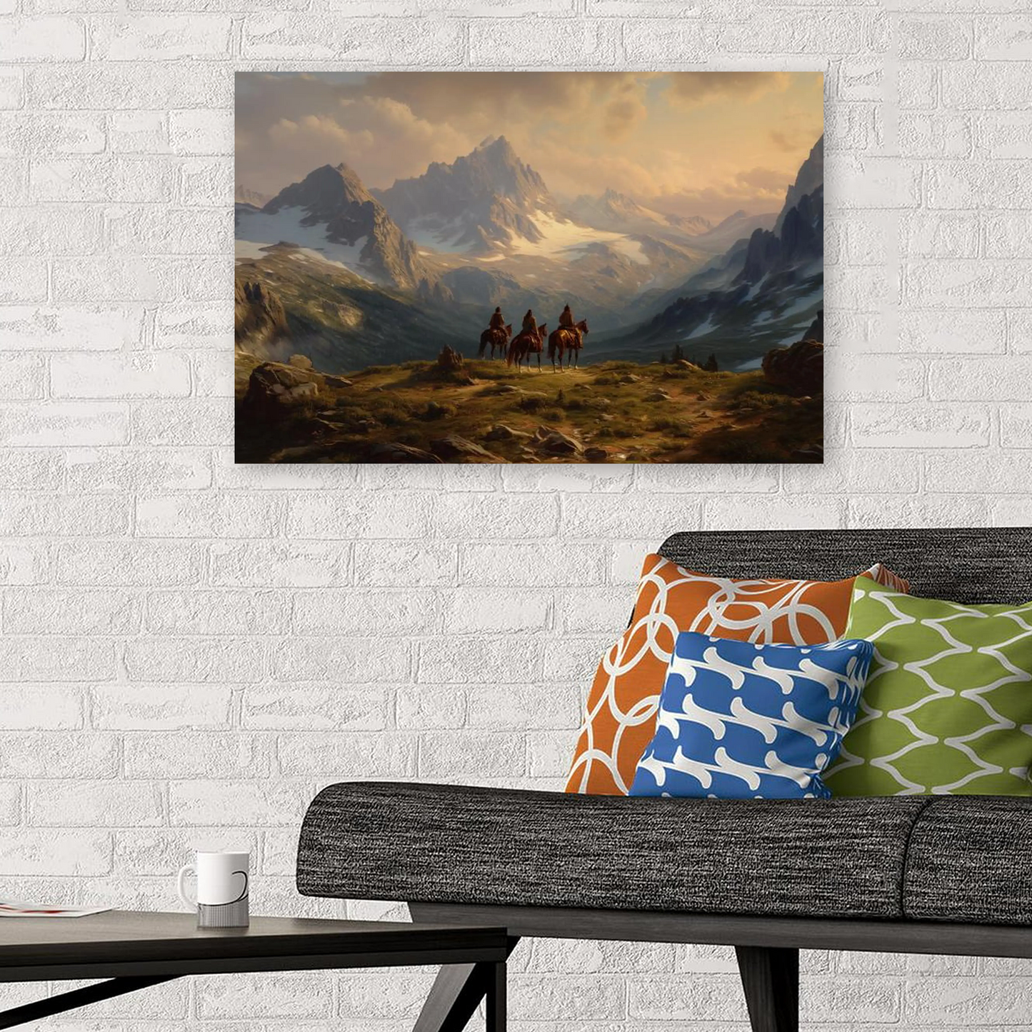 Western Mountain Landscape Art Print, Vintage Cowboys on Horseback, Rugged Wilderness Poster