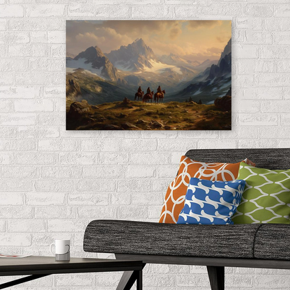 Western Mountain Landscape Art Print, Vintage Cowboys on Horseback, Rugged Wilderness Poster