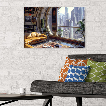 Futuristic Sci-Fi Apartment Art Print, High-Tech Cityscape Window View