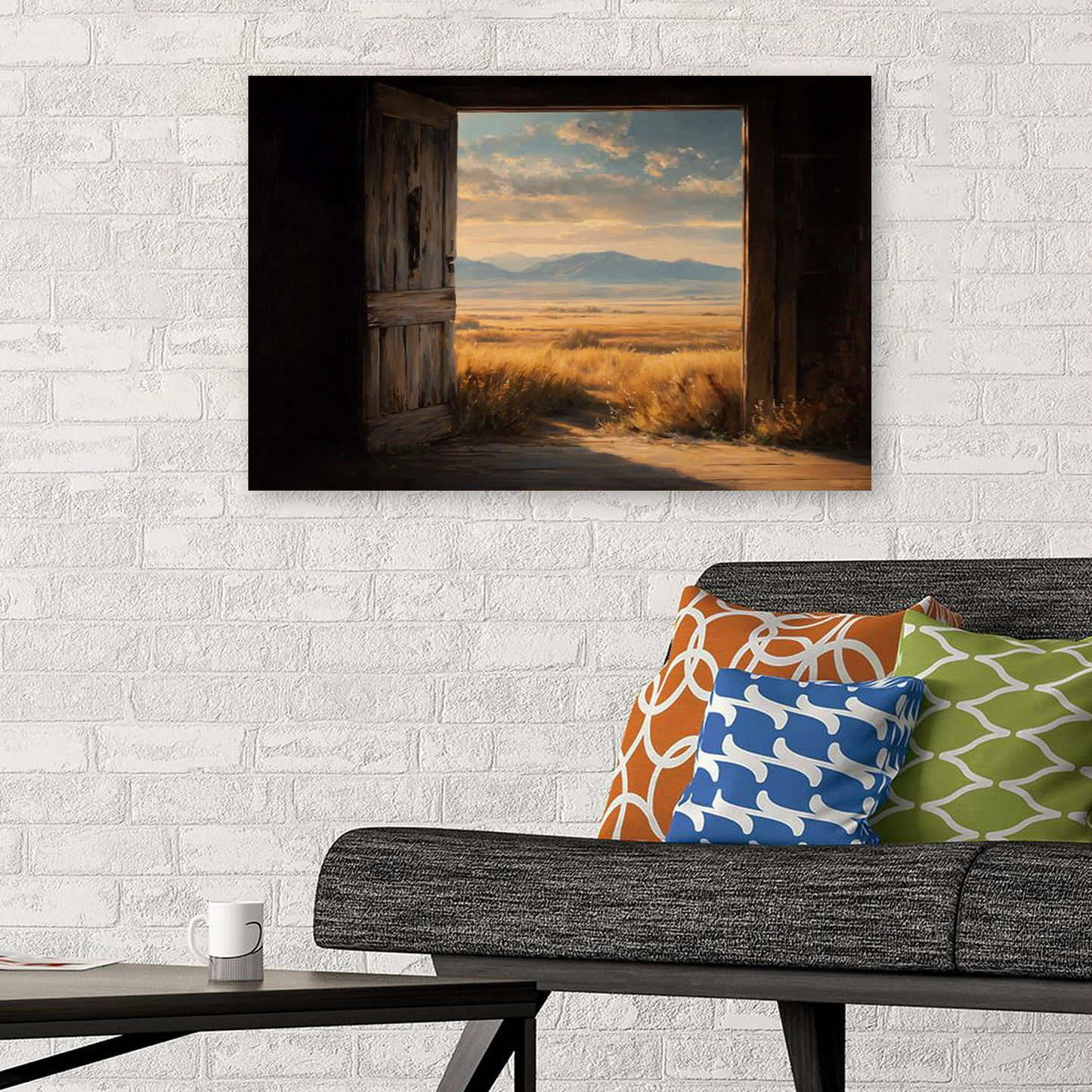 Montana Ranch Landscape Wall Art, Open Barn Door View of Golden Prairie and Mountains, Rustic Western Country Print for Farmhouse Decor