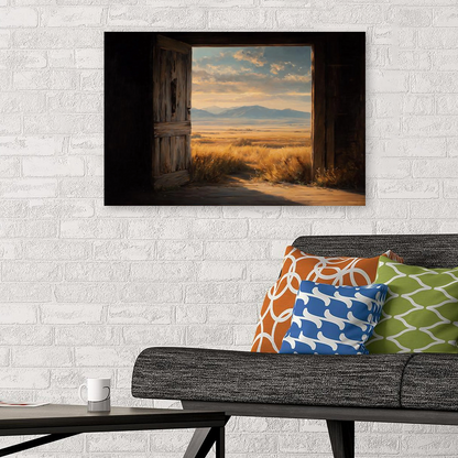 Montana Ranch Landscape Wall Art, Open Barn Door View of Golden Prairie and Mountains, Rustic Western Country Print for Farmhouse Decor