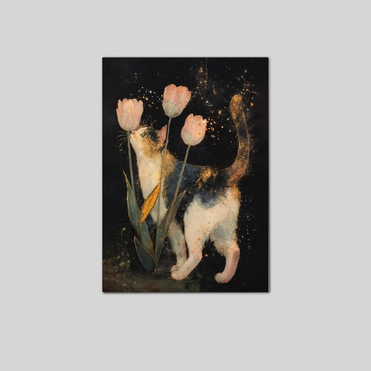 Whimsical Cat and Tulips Wall Art Poster Full Size 24''x36''