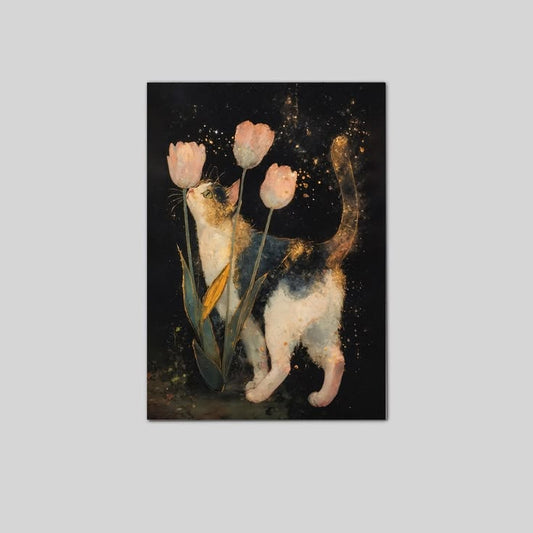 Whimsical Cat and Tulips Wall Art Poster Full Size 24''x36''