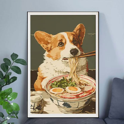 Lucky Shop Adorable Corgi Dog Eating Ramen Noodles Poster, Japanese Food Wall Poster Full Size 24''x36''