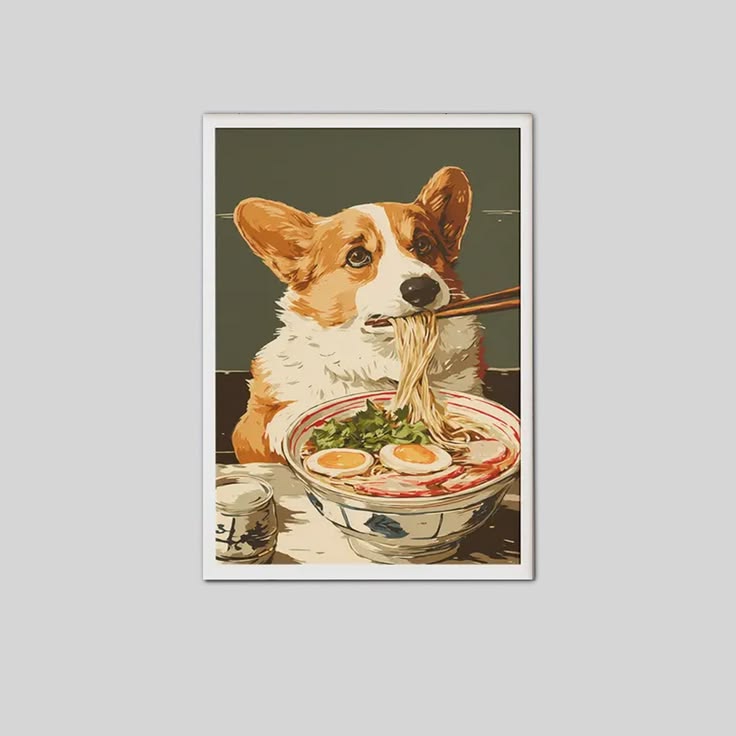 Lucky Shop Adorable Corgi Dog Eating Ramen Noodles Poster, Japanese Food Wall Poster Full Size 24''x36''