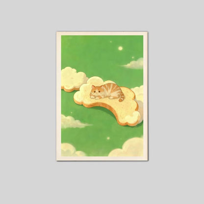 Cute Bread Cat Wall Art Poster, Dreamy Cat on Cloud Poster Full Size 24''x36''
