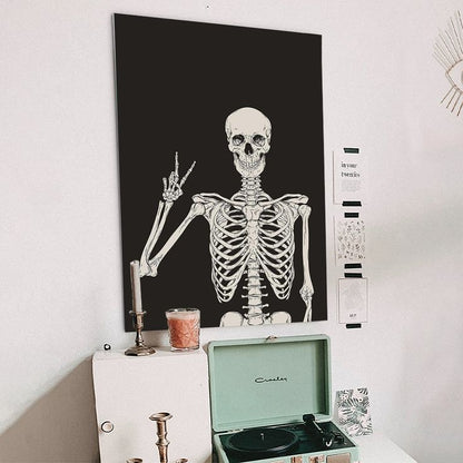 Funny Black Skeleton Canvas Wall Art Spooky Decor Halloween Poster High Hand Peace Print Bones Minimalist Background Size 24''x36''