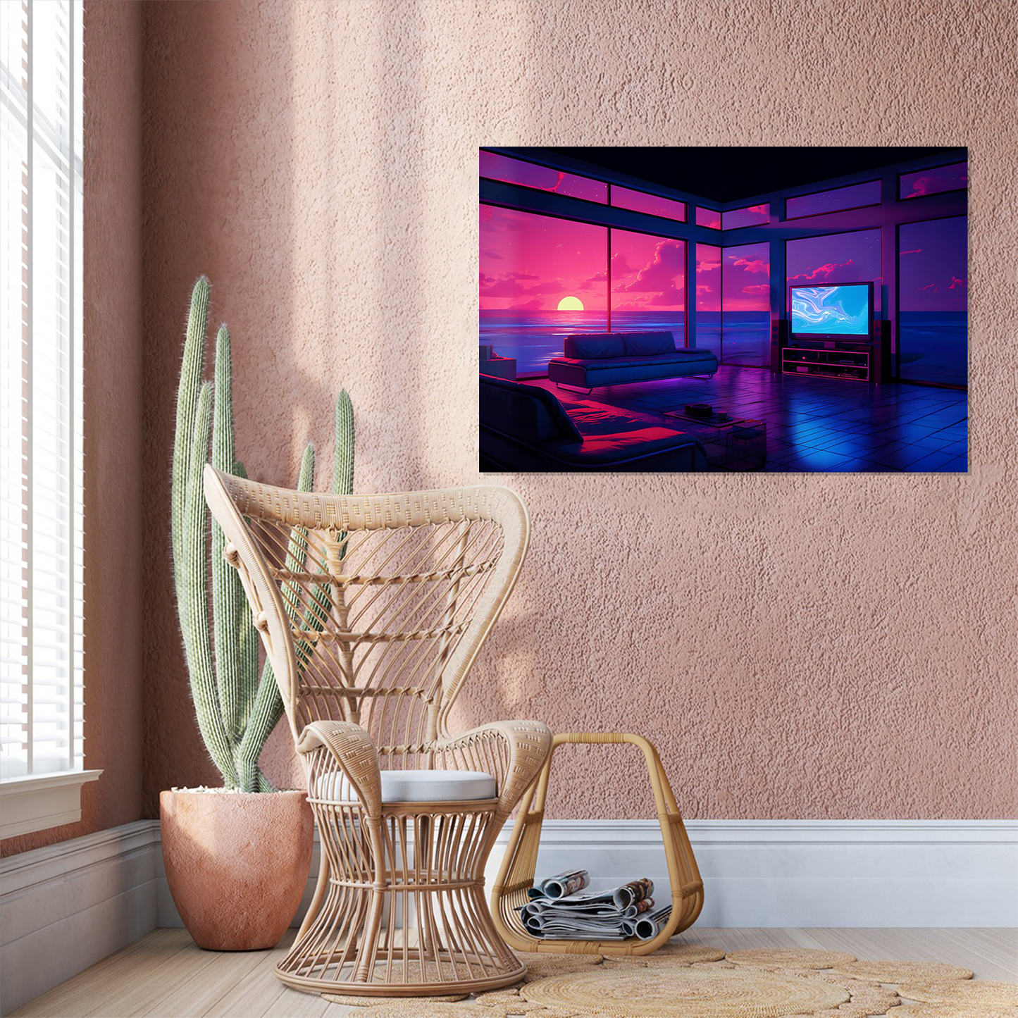 Neon Synthwave Ocean View Room Poster, Vaporwave Sunset Interior Canvas, Lofi Chill Wall Decor
